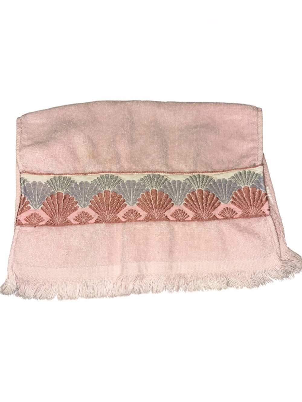 Vintage Blush Pink Shell Embroidered Fringe Hand Towel